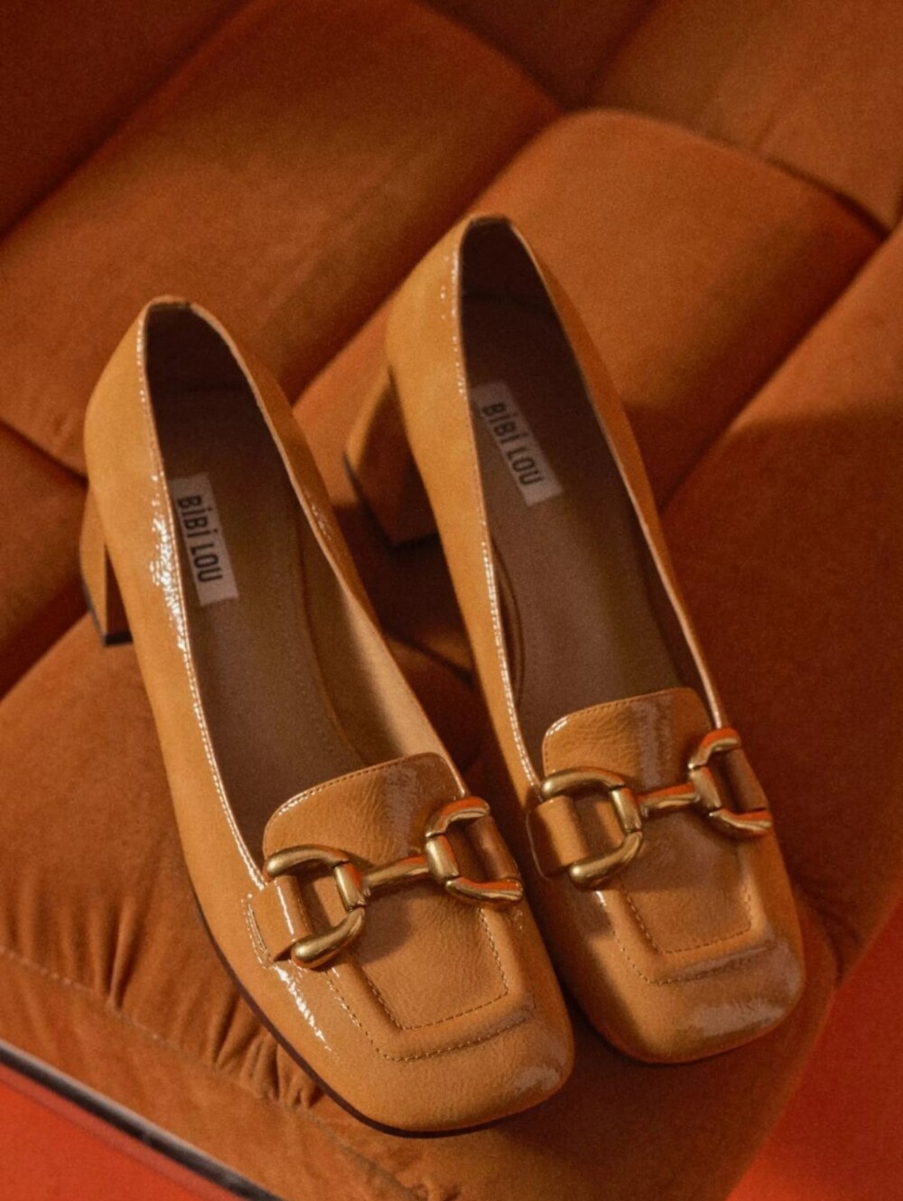 Bibi Lou Valencia Camel Patent Leather Horsebit Loafer Heels, 39/8.5, Preppy